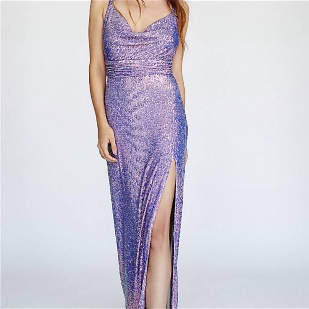 Free People Cool Girl Sequin Dress Maxi Front Slit Cowl Neckline Size 10